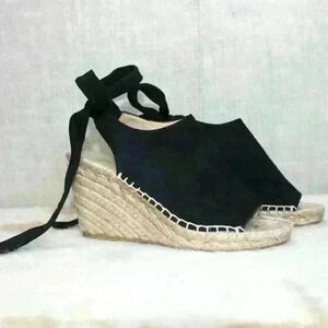 Etienne Aigner Espadrille Lace Up Ankle Strap Black Suede Open Toe Sandal 6